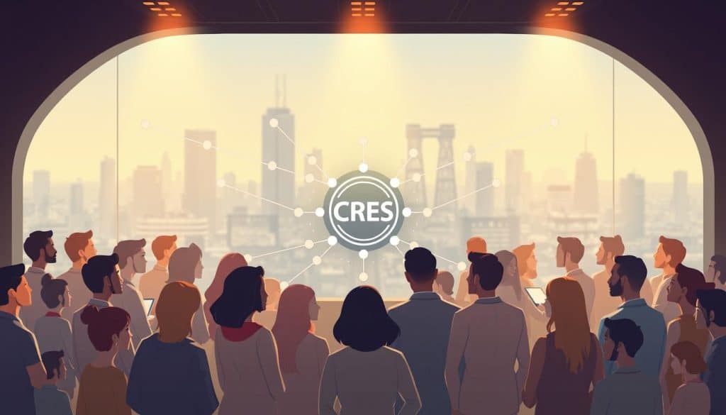 A vibrant social media community gathers in a modern, minimalist digital landscape. In the foreground, a group of diverse individuals engage in animated conversations, their avatars representing a harmonious blend of cultures and backgrounds. The middle ground features a central hub, where CRES logo prominently displays, surrounded by interconnected nodes and pathways, symbolizing the dynamic flow of ideas and connections. The background depicts a softly lit, futuristic cityscape, conveying a sense of progress and innovation. Warm lighting infuses the scene, creating a welcoming and inclusive atmosphere. The composition is balanced, with a sense of depth and movement, capturing the essence of a thriving online community.
