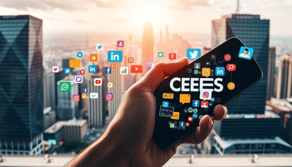 A vibrant social media marketing collage featuring the CRES brand logo. In the foreground, a hand holds a smartphone displaying various social media icons and analytics. In the middle ground, an array of colorful social media platforms, such as Facebook, Instagram, Twitter, and LinkedIn, are seamlessly integrated. In the background, a dynamic cityscape with skyscrapers and bustling activity creates an urban, tech-savvy atmosphere. The lighting is a warm, golden hue, conveying a sense of productivity and innovation. The overall composition suggests the power of social media in driving business growth and success.