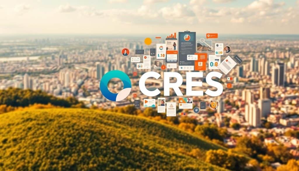 A vibrant, strategic landscape depicting the power of content and brand strategy. In the foreground, the CRES brand logo stands out, its sleek design and bold colors commanding attention. The midground features a dynamic collage of content elements - infographics, social media posts, blog articles - all woven together to create a cohesive visual identity. In the background, a cityscape stretches out, symbolizing the reach and impact of a well-executed content and brand strategy. Warm, natural lighting illuminates the scene, conveying a sense of confidence and professionalism. The overall composition is balanced, with clean lines and a harmonious color palette that reflects the precision and expertise of the CRES approach.