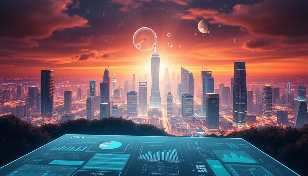 A vibrant, technologically-advanced digital landscape depicting the power of user experience design. In the foreground, a sleek, minimalist CRES interface showcases elegant interactions and intuitive navigation. The middle ground features dynamic data visualizations, responsive UI elements, and contextual microinteractions that enhance the user journey. In the background, a cityscape of towering tech hubs and interconnected devices illuminates the business impact of effective digital UX, radiating a sense of innovation, efficiency, and growth. Warm, diffused lighting and a subtle cinematic tone convey the transformative potential of user-centric design.