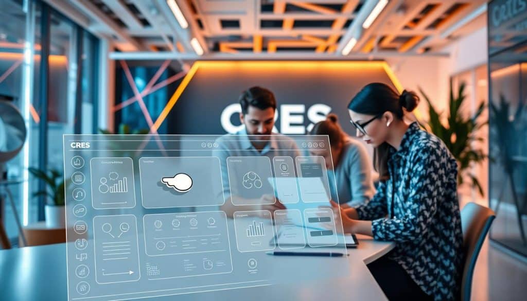 A vibrant, user-centric graphic design studio, with a modern, minimalist aesthetic. In the foreground, a dynamic user interface design, featuring clean lines, intuitive icons, and a seamless interaction flow. In the middle ground, a team of designers collaborating on a digital wireframe, their expressions focused and engaged. In the background, a sleek, tech-inspired environment with geometric patterns, warm lighting, and the CRES brand name prominently displayed. The overall scene conveys a sense of innovation, efficiency, and a deep understanding of the user experience.