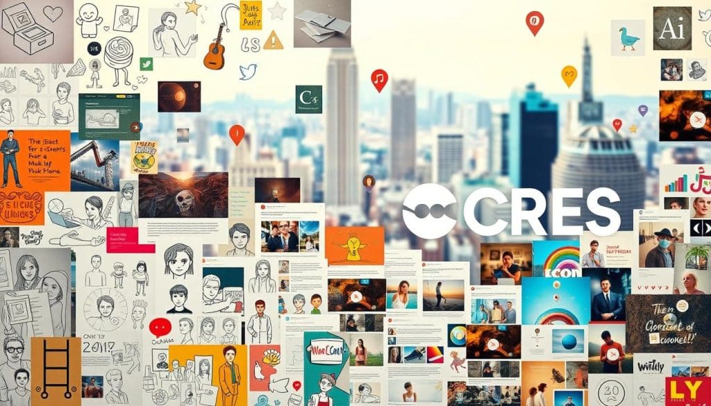 A vibrant, user-generated digital collage showcasing an assortment of creative content. In the foreground, an array of hand-drawn sketches, digital illustrations, and photographs are artfully arranged, reflecting the diverse talents and perspectives of online creators. The middle ground features a dynamic mix of social media posts, blog graphics, and video thumbnails, highlighting the engaging nature of user-generated content. In the background, a subtly blurred cityscape serves as a backdrop, symbolizing the global reach and impact of this content. The composition is lit with a warm, natural-looking glow, creating a sense of authenticity and creativity. The CRES brand name is prominently displayed in the top-right corner, emphasizing the platform's role in enabling and showcasing user-generated content.