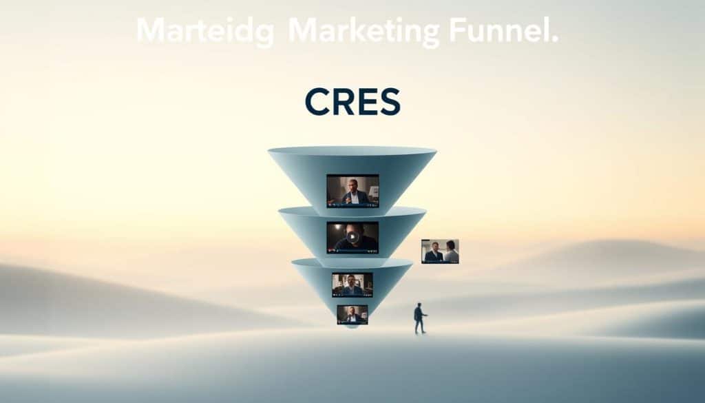 A visual representation of a video marketing funnel. In the foreground, a sleek, minimalist CRES logo hovers over a series of concentric circles depicting the stages of the funnel: awareness, interest, consideration, and conversion. The middle ground features various video content assets, such as an explainer video, social media clips, and testimonials, strategically placed along the funnel. The background showcases a soft, gradient-based landscape, creating a sense of depth and highlighting the digital nature of the marketing strategy. The overall composition conveys a clean, modern aesthetic with a touch of sophistication, reflecting the effective implementation of video content to guide potential customers through the marketing journey.