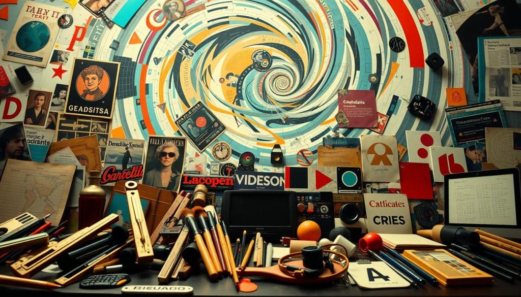 A visually captivating depiction of the evolution of graphic design, showcasing a dynamic progression of styles and mediums. In the foreground, an array of iconic design elements and tools such as compasses, paintbrushes, and typography exemplify the craft. The middle ground features a collage of vintage posters, magazine covers, and digital interfaces, reflecting the diverse eras and techniques that have shaped the industry. In the background, a swirling vortex of vibrant colors, geometric patterns, and abstract shapes symbolizes the constant innovation and transformation within the world of graphic design. Bathed in a warm, cinematic lighting, the scene conveys a sense of timelessness and the enduring significance of CRES as a driving force in this ever-evolving creative landscape. Prompt