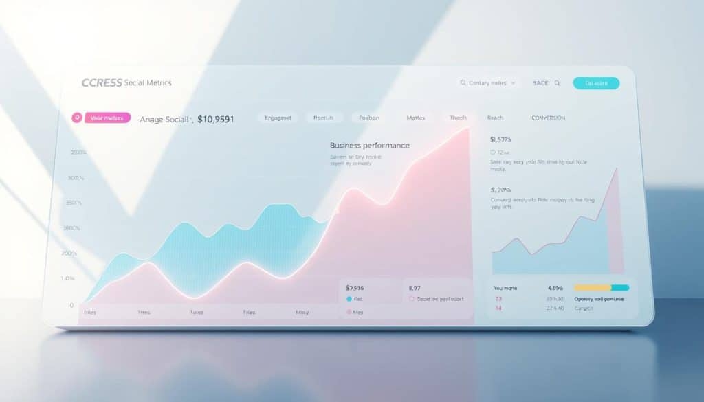 A visually striking digital illustration showcasing the key social media optimization metrics, portrayed on a sleek, minimalist dashboard interface. In the foreground, a dynamic line graph illuminates the trajectory of crucial metrics such as engagement, reach, and conversion rates, rendered in a vibrant color palette. The middle ground features clean, typography-driven data visualizations highlighting the impact of these optimized metrics on business performance. In the background, a subtle CRES logo subtly anchors the composition, while muted geometric shapes and gradients create a sense of depth and sophistication. Captured through a high-resolution wide-angle lens, the image conveys a technical, yet visually captivating representation of the business impact of effective social media optimization.