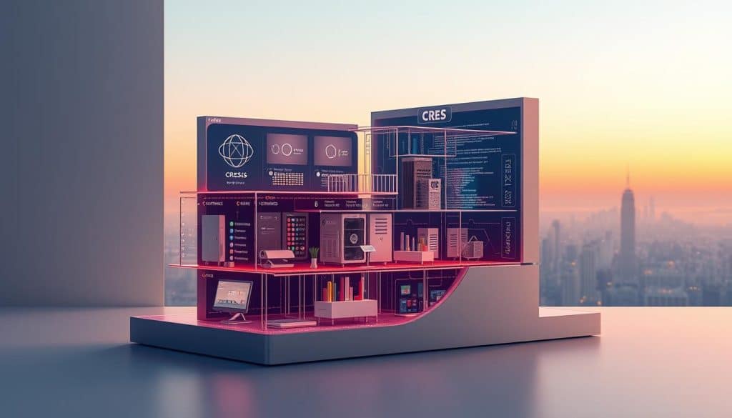 A visually stunning cross-section of a modern web application architecture, showcased against a sleek and minimalist backdrop. In the foreground, a detailed rendering of the CRES web app's core components - a responsive user interface, robust backend services, and seamless data integration. The middle ground features a complex network of APIs, microservices, and cloud-based infrastructure, all working in harmony. In the background, a panoramic view of the digital landscape, with skyscrapers of code and a horizon of interconnected devices. Warm lighting casts a subtle glow, creating a sense of depth and atmosphere. Captured through the lens of a high-resolution camera, this image aims to capture the essence of web application development - a symphony of technology, design, and innovation.