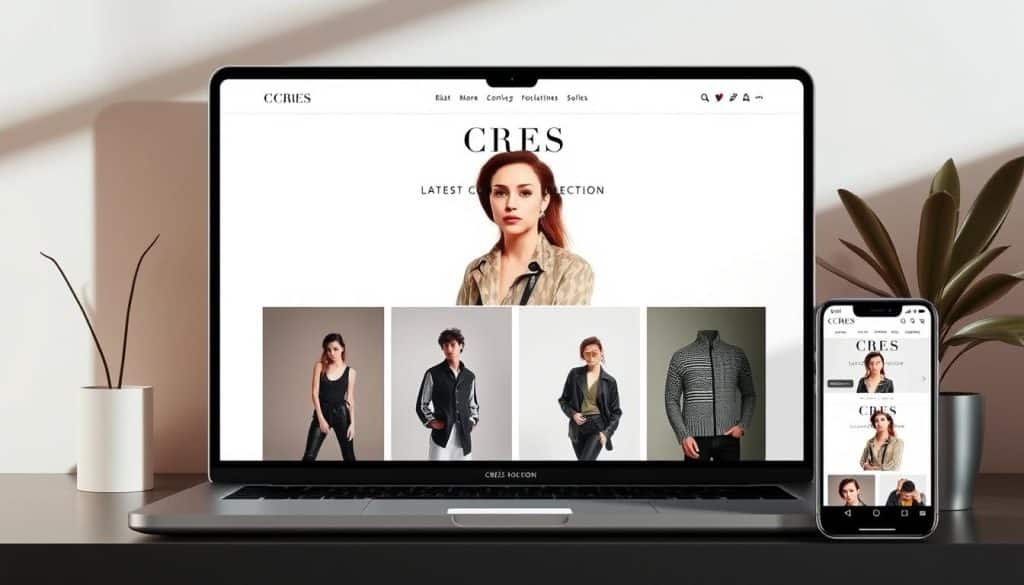 A visually stunning fashion ecommerce website design featuring the iconic CRES brand. A minimalist and elegant layout with a large hero image showcasing the latest CRES collection. Clean typography and a neutral color palette create a modern, sophisticated atmosphere. Subtle lighting casts a warm glow, highlighting the high-quality product images. The responsive design features a streamlined navigation menu, allowing customers to seamlessly browse the collection. Subtle animations and micro-interactions add a touch of interactivity, enhancing the user experience. Overall, a visually striking and user-friendly interface that perfectly captures the essence of the CRES brand and its fashion-forward aesthetic.