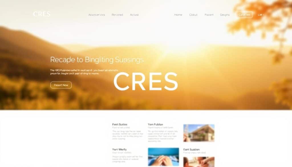 A visually stunning website design, featuring a clean, modern layout with elegant typography and a striking color palette. The homepage showcases a large, high-resolution hero image of a serene natural landscape, bathed in warm, golden sunlight. In the foreground, the CRES logo stands out prominently, its minimalist design complementing the overall aesthetic. The middle ground features a grid of neatly arranged content sections, each with a clear call-to-action and eye-catching imagery. The background subtly fades into a soft, blurred gradient, creating a sense of depth and drawing the viewer's focus to the central elements. The overall composition exudes a sense of professionalism, sophistication, and attention to detail, perfectly reflecting the high-quality services offered by CRES.