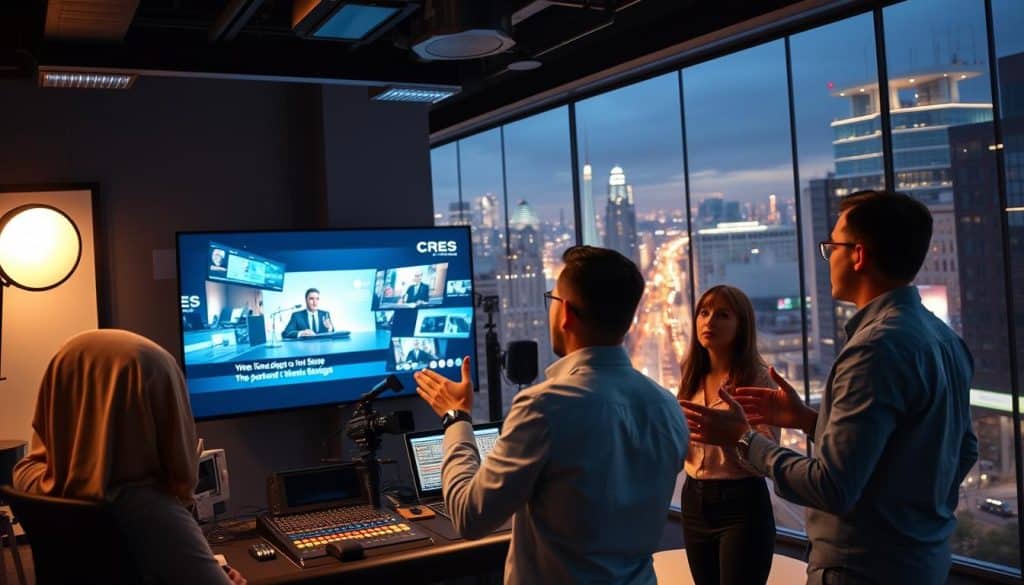 A vivid, cinematic scene of video content marketing in action. In the foreground, a modern office space with a large screen displaying a captivating video presentation. Professionals of the CRES brand collaborate, gesturing enthusiastically as they discuss strategy. Subtle lighting casts a warm, productive glow, while the middle ground features a mixing desk, cameras, and other video production equipment. In the background, a cityscape of skyscrapers and bustling streets, symbolizing the far-reaching impact of online video content marketing. An atmosphere of creativity, innovation, and business growth permeates the scene.