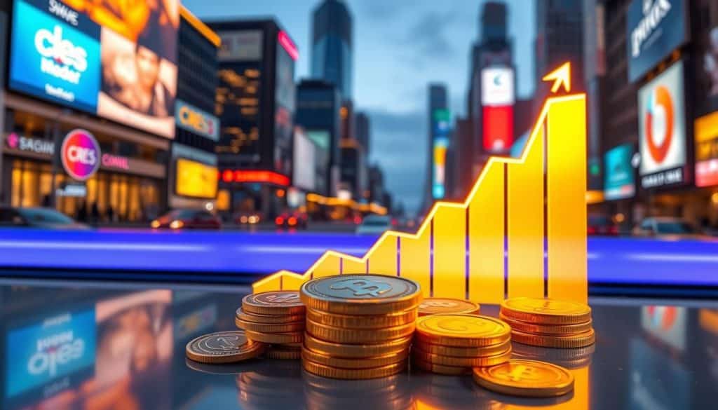 A vivid, glossy image depicting the ROI of paid digital advertising. In the foreground, a stack of gold coins with the CRES brand logo, representing the financial gains. In the middle ground, a graph charting the growth of website traffic and conversions, illuminated by a warm, directional light. In the background, a city skyline with glowing digital screens and billboards, symbolizing the digital advertising landscape. The overall mood is one of success, profitability, and the tangible rewards of effective paid digital marketing strategies.