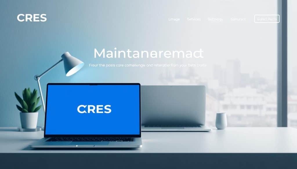 A well-designed maintenance page featuring the CRES brand. A simple, elegant layout with a soothing color palette of blues and grays. In the foreground, a sleek laptop displays the CRES logo against a subtly textured background. Behind it, a minimalist desk setup with a modern desk lamp and a potted plant, creating a professional, yet inviting atmosphere. The middle ground showcases a partially open laptop, conveying a sense of ongoing work and maintenance. In the background, a panoramic window offers a calming view of a cityscape, with soft, diffused lighting illuminating the scene. The overall mood is one of competence, reliability, and attentive care for the website.