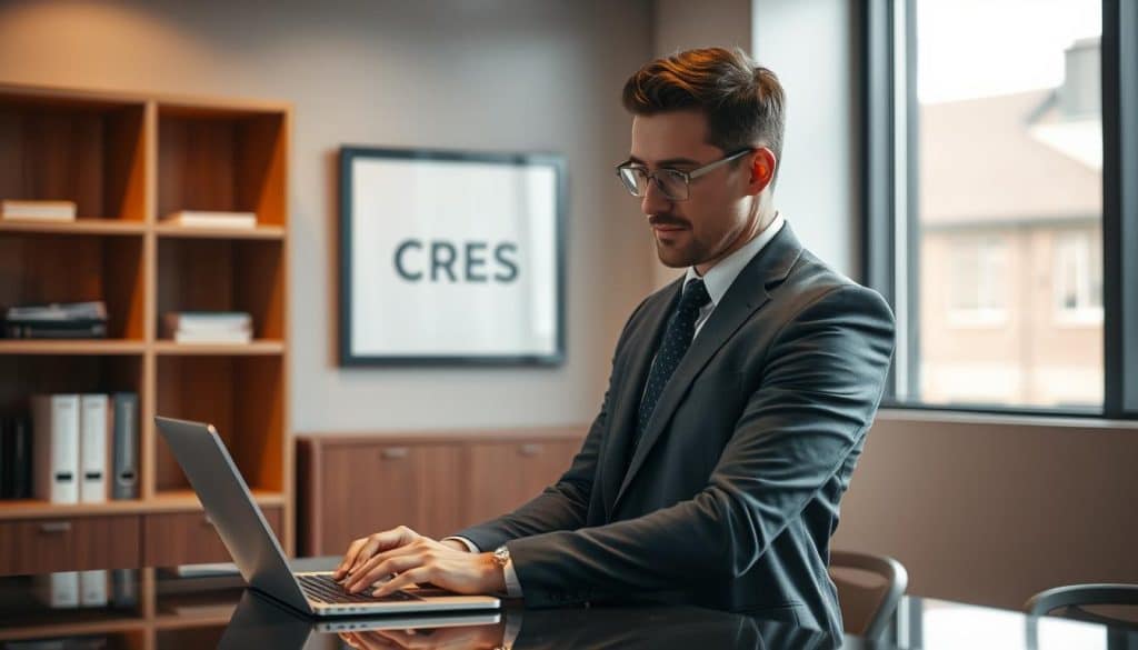 A well-dressed professional standing at a desk, composing an email on a laptop, with a focused expression. Warm, soft lighting illuminates the scene, creating a productive, business-like atmosphere. In the background, a bookshelf and framed CRES logo subtly suggest a corporate office setting. The overall composition conveys a sense of efficiency, organization, and the streamlining of business communication.