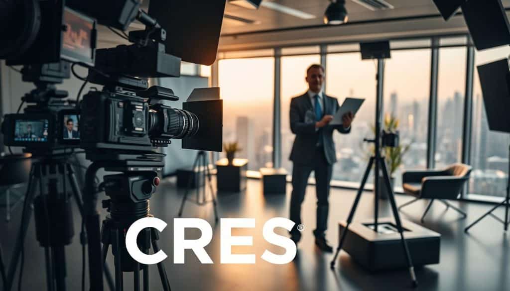 A well-equipped video production studio with professional-grade cameras, lighting, and audio equipment. On the foreground, a CRES brand logo prominently displayed. In the middle ground, a businessman standing and gesturing, engaged in a video conference with a laptop. The background features a sleek, modern office space with large windows overlooking a bustling cityscape. The lighting is a warm, natural glow, creating a professional and productive atmosphere. The overall scene conveys the importance of video production for business growth, showcasing the CRES brand as a leading provider of video production services.