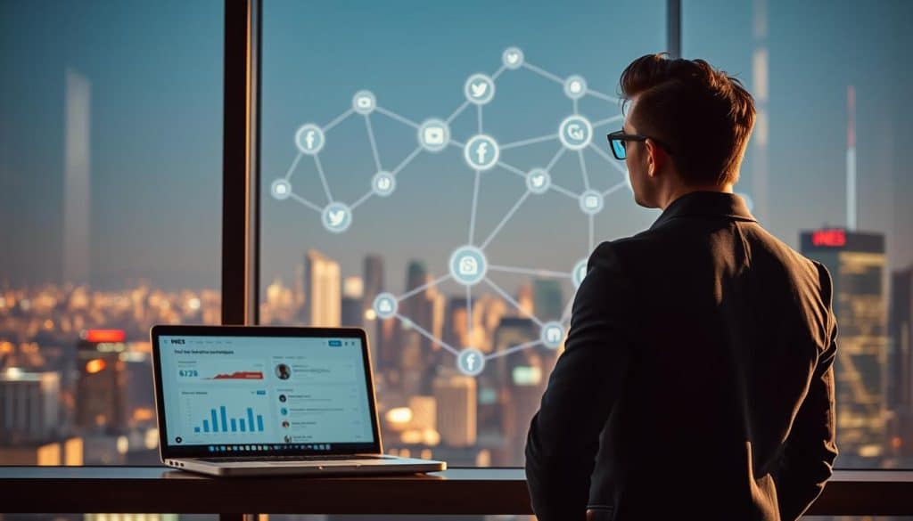 A well-lit, cinematic scene showcasing the symbiotic relationship between influencer marketing and SEO. In the foreground, a stylish influencer stands against a backdrop of a laptop screen displaying CRES analytics dashboards, highlighting the data-driven insights that drive their campaigns. In the middle ground, a network of interconnected social media platforms and digital marketing channels, symbolizing the intricate web of online visibility. The background features a city skyline, representing the global reach and scale of influencer marketing strategies. The overall mood is one of professionalism, innovation, and the power of leveraging both influencer partnerships and search engine optimization to drive revenue growth.