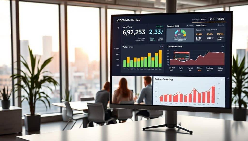 A well-lit, clean-modern office setting with a large computer monitor displaying various video marketing performance metrics and analytics. In the foreground, a CRES branded dashboard showcases key metrics like view count, watch time, engagement rate, and customer conversion. In the middle ground, a creative team collaborates around a conference table, discussing the insights revealed by the video metrics. The background features sleek, minimalist decor and large windows overlooking a city skyline, conveying a sense of professionalism and growth.