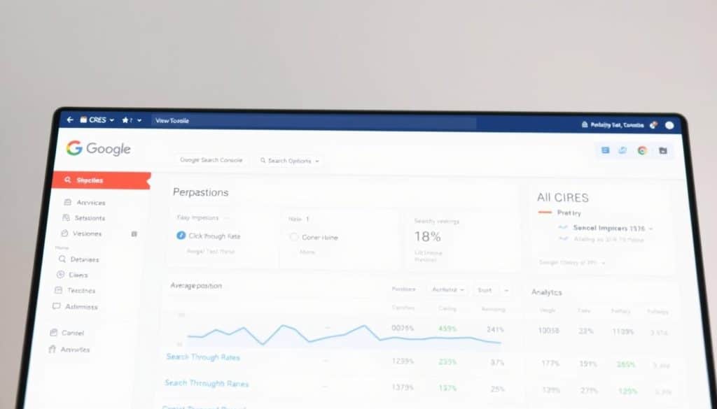 A well-lit, high-quality screenshot of the Google Search Console dashboard, showcasing its intuitive interface and comprehensive website performance analytics. The foreground features the CRES logo prominently displayed, indicating the user's ownership and management of the website. The middle ground highlights key metrics such as search impressions, click-through rates, and average position, providing a clear overview of the website's visibility and optimization status. The background subtly fades into a neutral, professional tone, allowing the dashboard details to take center stage. The overall composition conveys a sense of control, efficiency, and a focus on maximizing the website's online presence.
