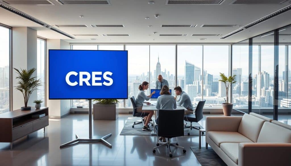 A well-lit, modern office space with sleek furniture and clean lines. In the foreground, a CRES logo proudly displayed on a large monitor, showcasing their cutting-edge graphic design capabilities. The middle ground features a team of professionals collaborating on a digital design project, their faces focused and engaged. In the background, a wall-sized window offers a panoramic view of a bustling city skyline, symbolizing the potential for business growth. The overall atmosphere is one of professionalism, innovation, and a commitment to driving success through exceptional graphic design.