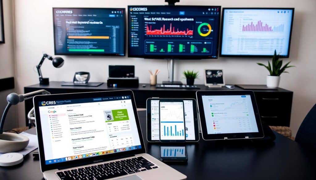 A well-lit office desk, with various digital tools and applications arrayed across its surface. In the foreground, a laptop displays the CRES logo and various keyword research metrics. Beside it, a smartphone shows search engine results pages, highlighting popular search terms. In the middle ground, a tablet displays a keyword research tool interface, with charts and graphs detailing search volume and competition levels. The background features a wall-mounted monitor showcasing a comprehensive keyword research dashboard, providing insights into the most profitable keywords for an online retail business.