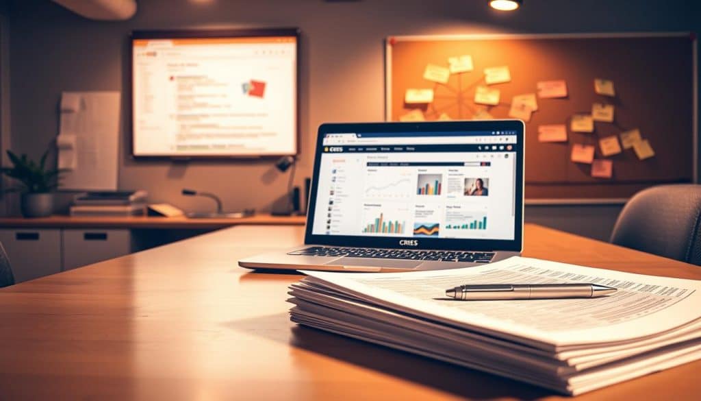 A well-lit office space with a large desk and a CRES brand laptop. In the foreground, a stack of papers and a pen represent the "Keyword Research Process." The middle ground features a web browser window displaying search engine results and analytics data. In the background, a corkboard with sticky notes and a mind map illustrate the research workflow. The lighting is warm and inviting, creating a productive and focused atmosphere. The overall composition conveys the methodical, data-driven nature of the keyword research process.