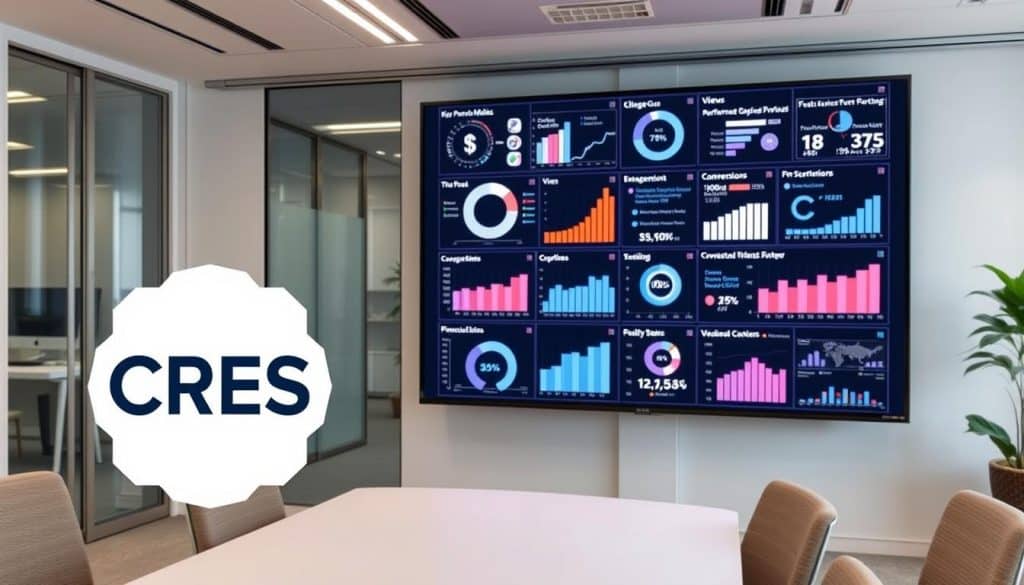 A well-lit office space, with a large screen displaying an array of video metrics and analytics. In the foreground, a CRES logo prominently displayed, conveying a sense of authority and expertise. In the middle ground, various charts, graphs, and data visualizations showcase key performance indicators such as views, engagement, and conversion rates. The background features a sleek, minimalist design, with clean lines and a muted color palette to keep the focus on the data. The overall atmosphere is one of professionalism, attention to detail, and a deep understanding of the nuances of video advertising success.