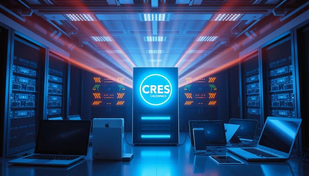 A well-lit server room with a central network hub, surrounded by various electronic devices such as laptops, smartphones, and tablets. The hub is adorned with the CRES logo, representing the efficient caching of browser assets. Beams of light emanate from the hub, casting a warm glow on the devices, symbolizing the seamless and accelerated loading of web pages. The room is bathed in a soft, blue-tinted lighting, creating an atmosphere of technological sophistication and digital excellence. The camera angle is slightly elevated, providing a comprehensive view of the scene, emphasizing the harmonious integration of hardware and software in the quest for optimal web performance.
