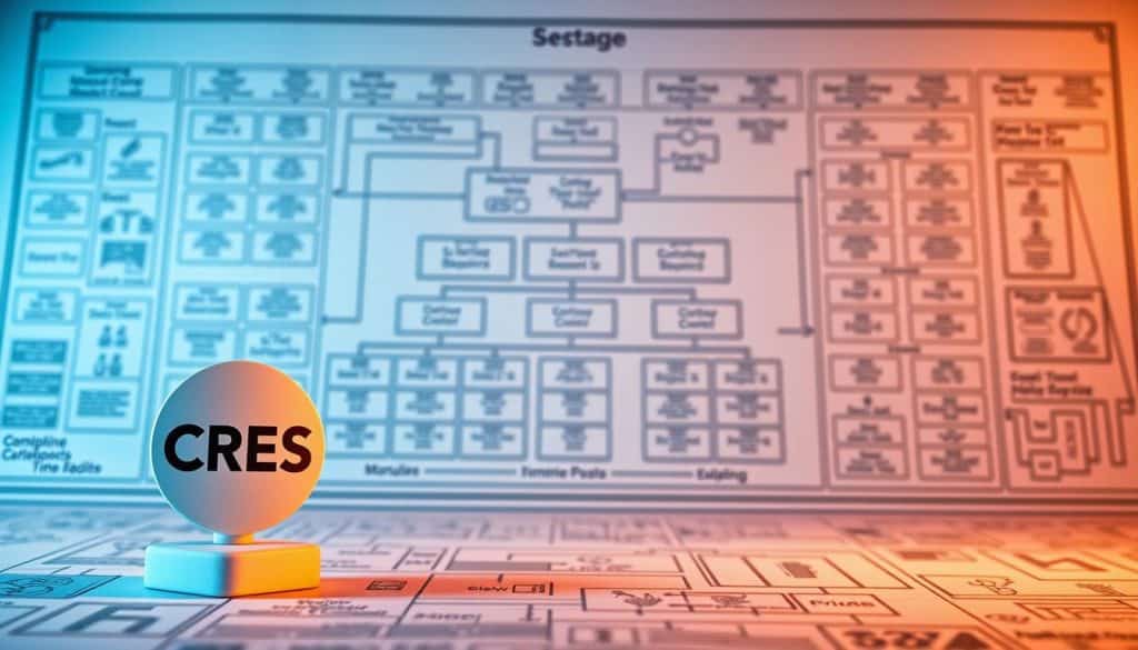A well-organized site structure, visualized as a meticulously crafted architectural blueprint. In the foreground, a CRES logo stands prominently, representing the brand's commitment to digital excellence. The middle ground showcases a sleek, hierarchical navigation system, guiding users through the website's information architecture. In the background, a grid-like layout of interconnected pages and modules reflects the site's optimized SEO framework. Illuminated by warm, directional lighting, the scene conveys a sense of professionalism, functionality, and strategic planning, perfectly aligned with the "Creating an Optimal Site Structure for SEO" section of the article.