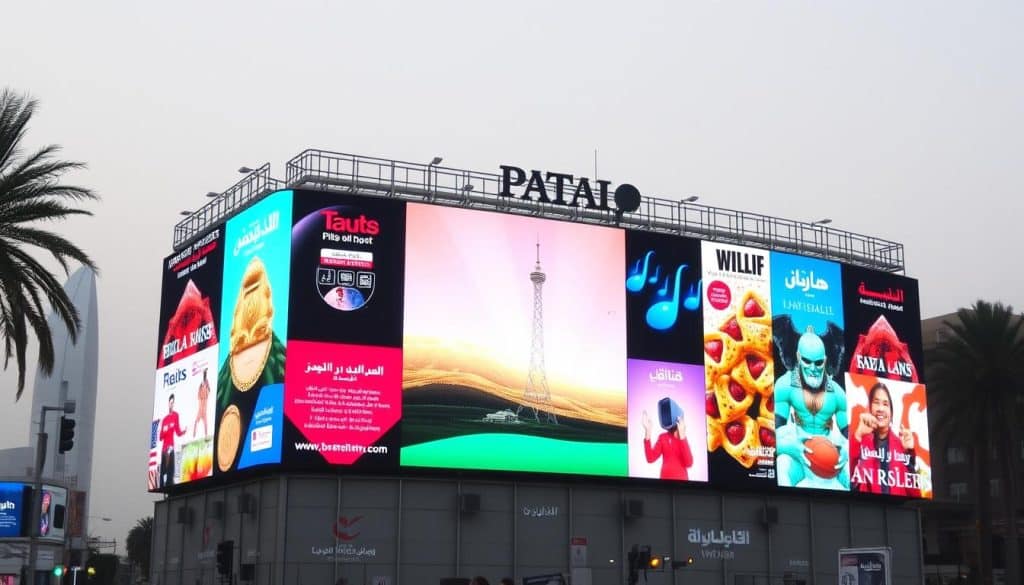 An LED billboard in Qatar displaying vibrant advertisements
