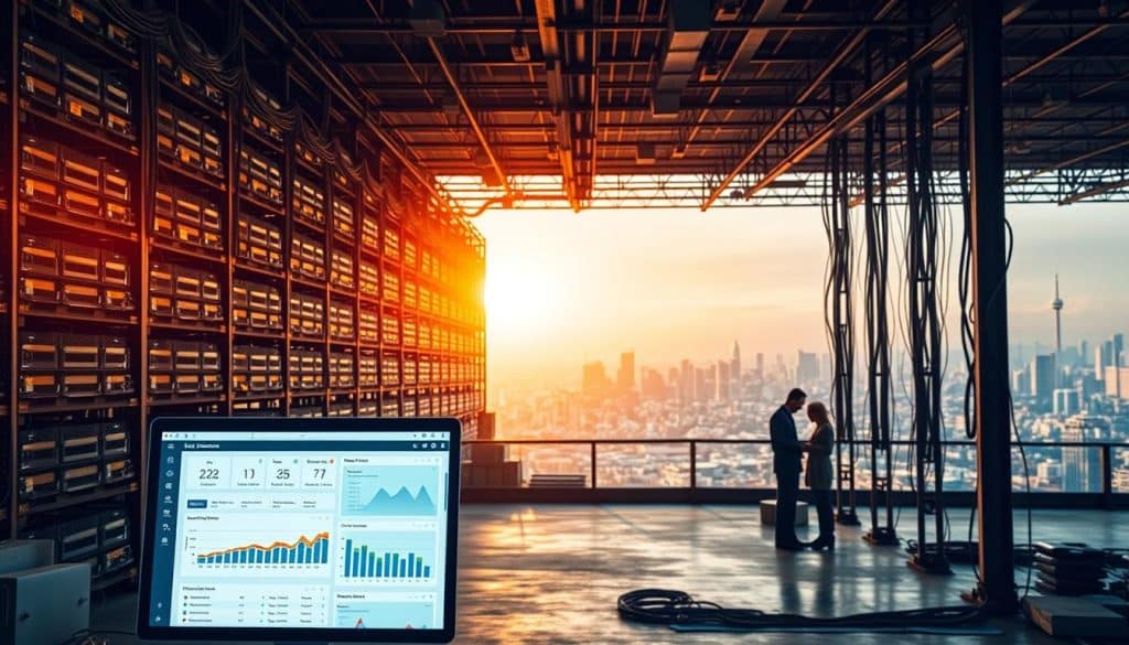 An abandoned warehouse bathed in a warm, golden light, with towering shelves of server racks, cables, and blinking lights. In the foreground, a desktop computer displays a CRES search engine optimization dashboard, visualizing key metrics and insights. The middle ground features a team of data analysts poring over reports, collaborating on optimization strategies. In the background, a panoramic view of a vibrant city skyline, hinting at the global reach and impact of modern SEO practices. The overall scene conveys the technical complexity, data-driven nature, and far-reaching influence of search engine optimization.