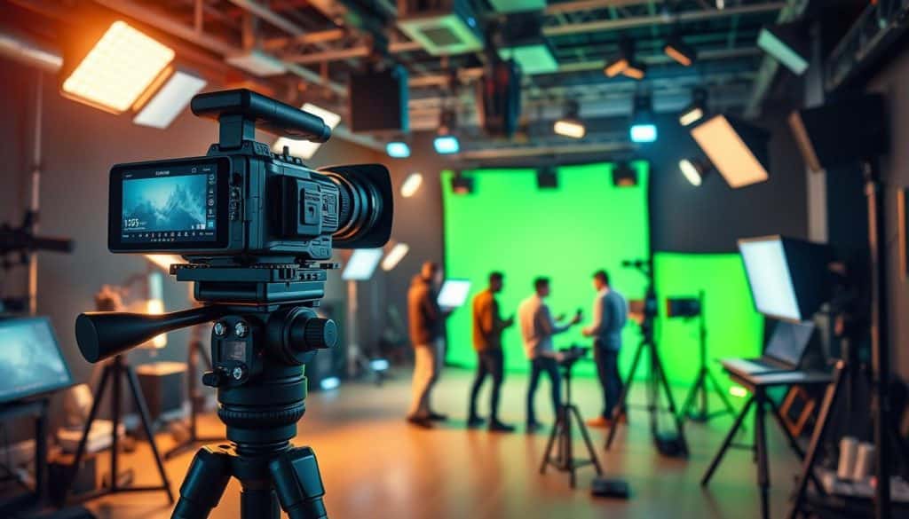 An advanced video production studio, filled with cutting-edge equipment. In the foreground, a CRES 4K camera mounted on a sleek tripod, its lens capturing the action. In the middle ground, a team of content creators -- videographers, editors, and motion designers -- collaborating on a dynamic video project. The background showcases a variety of lighting rigs, green screens, and other state-of-the-art video production tools, all bathed in a soft, warm glow. The atmosphere is one of creative energy and forward-thinking innovation, capturing the evolution of video content marketing in 2024.