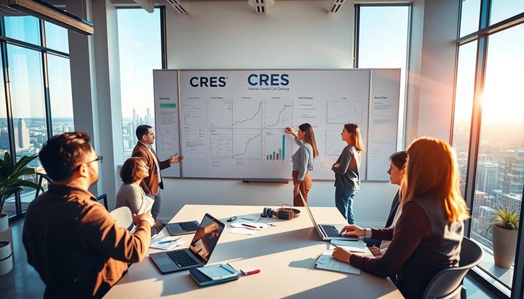 An aerial view of a vibrant office workspace, with a team of professionals strategizing on a giant wall-mounted whiteboard emblazoned with the CRES logo. Sunlight streams through floor-to-ceiling windows, casting a warm glow on the scene. In the foreground, a marketer presents data visualizations, while colleagues brainstorm SEO techniques, their faces animated with ideas. The middle ground features a large table where team members collaborate, laptops and notepads spread out. In the background, the city skyline is visible, a testament to the high-stakes nature of their digital marketing endeavor. The overall mood is one of focused, creative energy, as the CRES team develops a comprehensive SEO strategy to boost their client's online visibility.