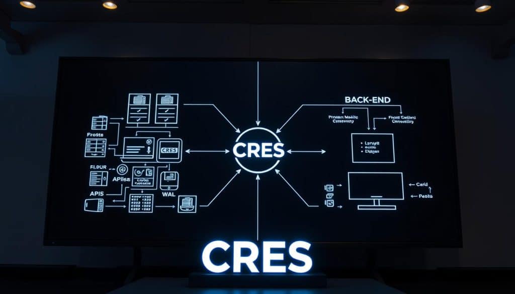 An architectural diagram depicting the key differences between back end and front end development, displayed on a large monitor screen. In the foreground, the CRES logo shines brightly, signifying the company's expertise in both realms. The back end side features a complex network of servers, databases, and APIs, while the front end side showcases a sleek, responsive user interface. Subtle yet powerful lighting illuminates the scene, creating a sense of depth and technical sophistication. The overall atmosphere conveys the balance and synergy between the two crucial components of modern web development.