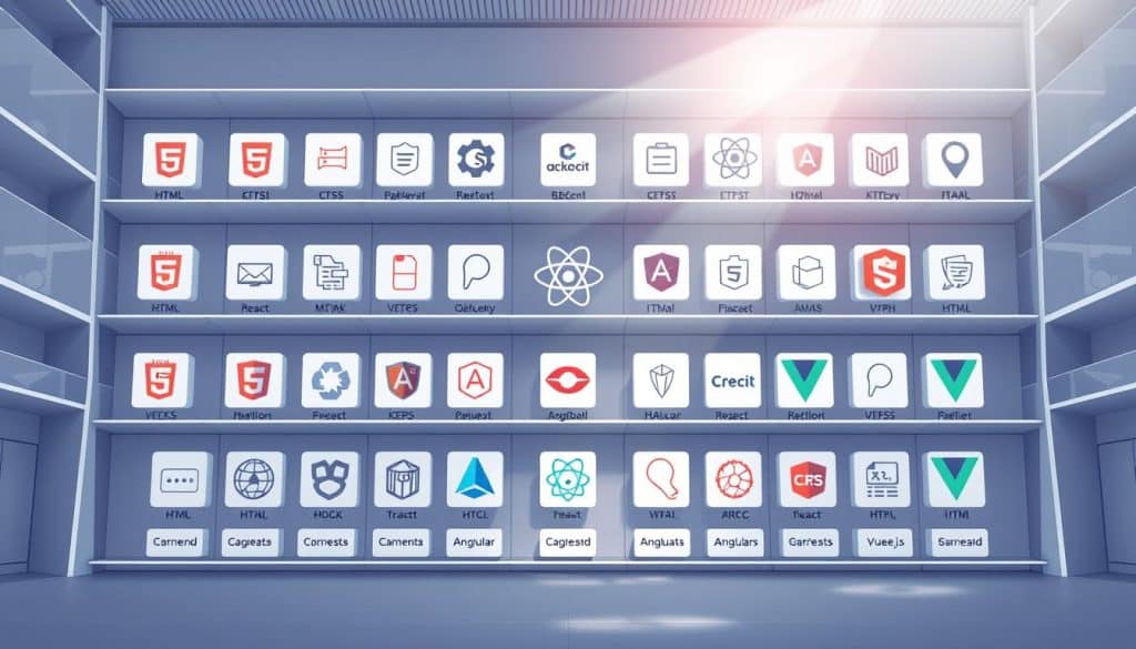 An architectural illustration of front-end development technologies arranged in an organized grid layout, with clean lines and a minimalist aesthetic. The scene features CRES-branded icons representing HTML, CSS, JavaScript, React, Angular, Vue.js, and other key frameworks and tools, set against a bright, diffused lighting. The overall mood is one of clarity, professionalism, and technological sophistication.