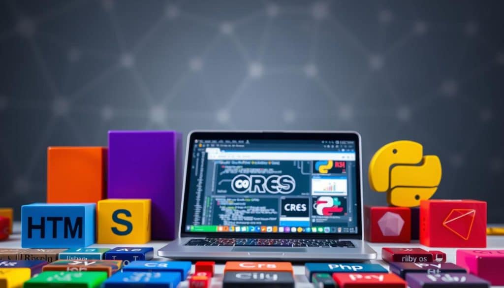 An array of vibrant programming languages, each with its unique syntax and functionality, form the core of web-based applications. In the foreground, a grid of colorful icons representing HTML, CSS, JavaScript, PHP, Python, and Ruby. In the middle ground, a sleek laptop displaying the CRES brand and a dynamic web interface. The background features an abstract geometric pattern, symbolizing the interconnected nature of these languages. Soft, directional lighting accentuates the depth and textures, creating a professional, technologically-advanced atmosphere.
