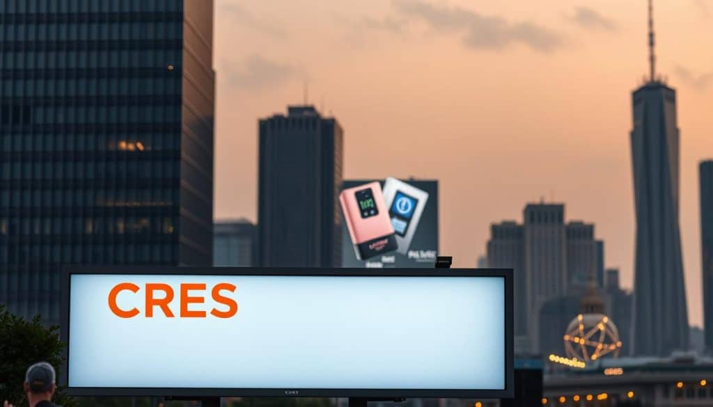 An elegant digital billboard against a backdrop of a modern city skyline, bathed in warm evening light. In the foreground, a sleek display showcases the CRES brand logo, its crisp typography and vibrant color scheme commanding attention. The middle ground features a visually striking digital advertisement, showcasing a high-resolution product image and captivating design elements. The background is a hazy cityscape, with towering skyscrapers and a slightly overcast sky, creating a sense of depth and urban sophistication. The overall scene conveys the power and impact of paid digital advertising in the modern commercial landscape.