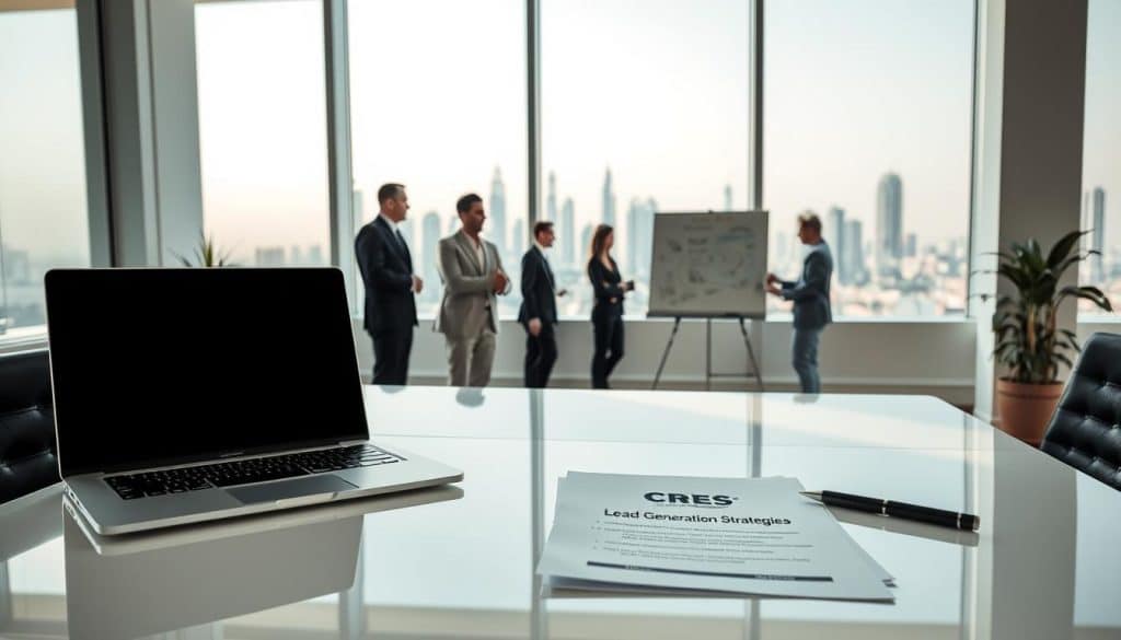 An elegant, minimalistic corporate office setting with natural lighting streaming through large windows. In the foreground, a sleek, modern desk with a laptop, pen, and a stack of documents labeled "Lead Generation Strategies". On the desk, the CRES logo is prominently displayed. In the middle ground, a team of professionals collaborating on a whiteboard, discussing marketing tactics and sales funnels. The background features a panoramic view of the Doha skyline, conveying a sense of prosperity and growth. The overall mood is one of efficiency, professionalism, and a strategic approach to lead generation for businesses in Qatar. An elegant, minimalistic corporate office setting with natural lighting streaming through large windows. In the foreground, a sleek, modern desk with a laptop, pen, and a stack of documents labeled "Lead Generation Strategies". On the desk, the CRES logo is prominently displayed. In the middle ground, a team of professionals collaborating on a whiteboard, discussing marketing tactics and sales funnels. The background features a panoramic view of the Doha skyline, conveying a sense of prosperity and growth. The overall mood is one of efficiency, professionalism, and a strategic approach to lead generation for businesses in Qatar.