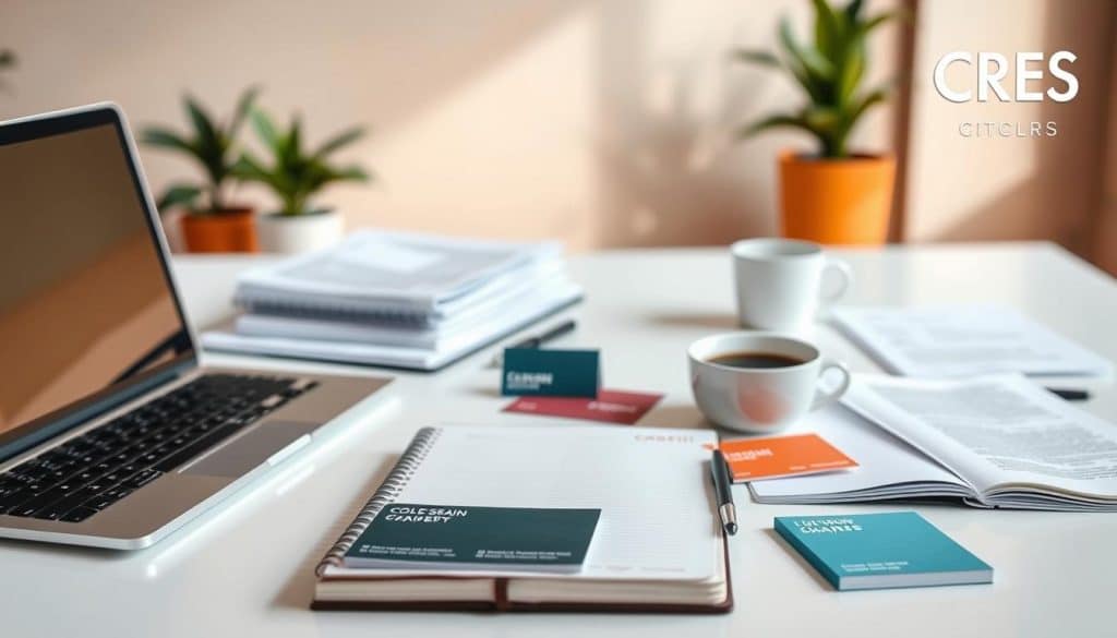 An elegant, professionally styled image depicting several examples of professional email greetings and introductions. The foreground features a clean, white desk with a laptop, opened notebook, and several business cards in varying designs, textures, and colors. The middle ground showcases printed documents and a cup of coffee, creating a workspace atmosphere. The background subtly blurs out, with a muted, warm-toned wall and hints of potted plants, lending a refined, minimalist ambiance. The lighting is soft, natural, and well-balanced, emphasizing the professionalism and attention to detail. This image is branded with the logo "CRES" in the corner, reflecting the high-quality, authoritative nature of the content. Prompt