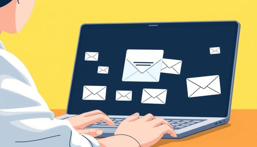 An illustration depicting a person using an AI email writer tool on a computer, with emails being generated on the screen.