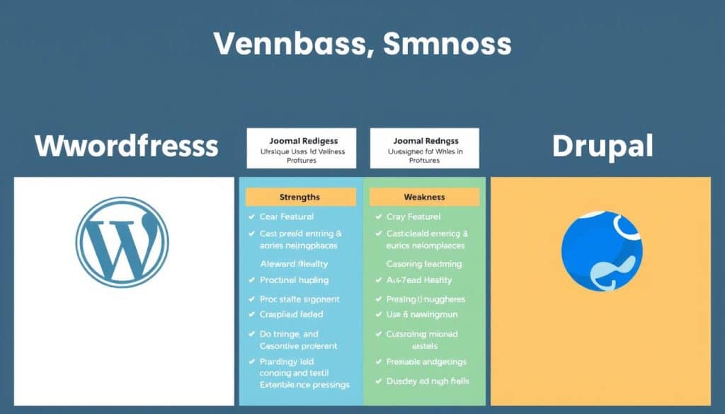 An image comparing the features of WordPress, Joomla, and Drupal, highlighting their strengths and weaknesses.
