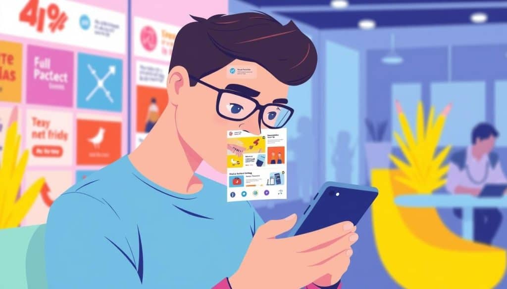 An image depicting a person scrolling through a social media feed on their smartphone, with various ads displayed. An image depicting a person scrolling through a social media feed on their smartphone, with various ads displayed.