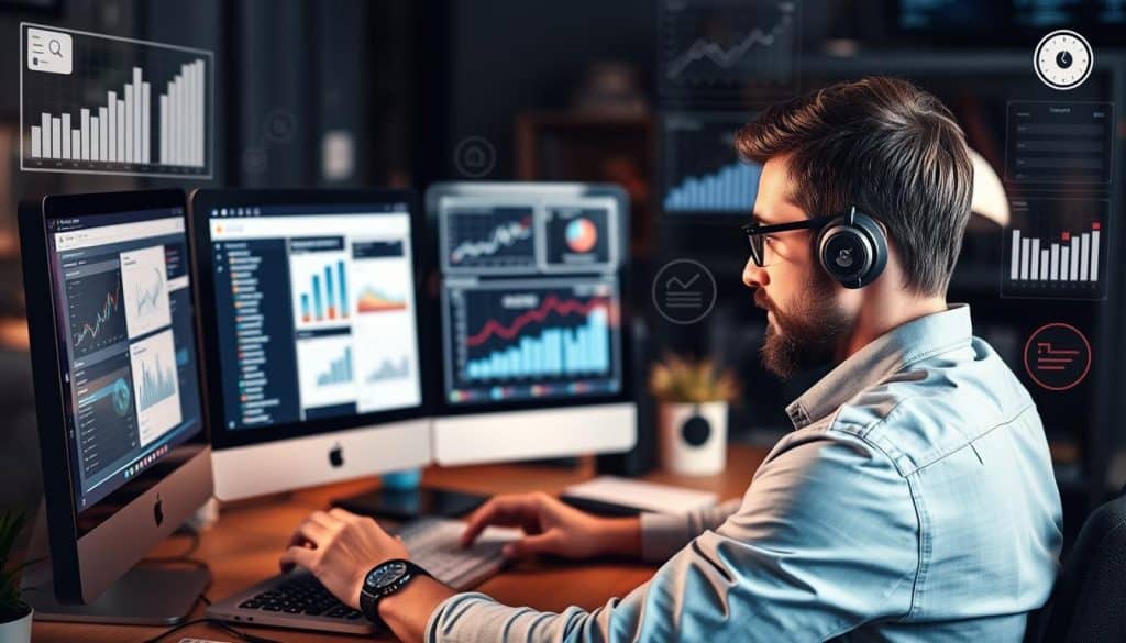 An image of a digital marketer using various digital marketing tools on their computer.