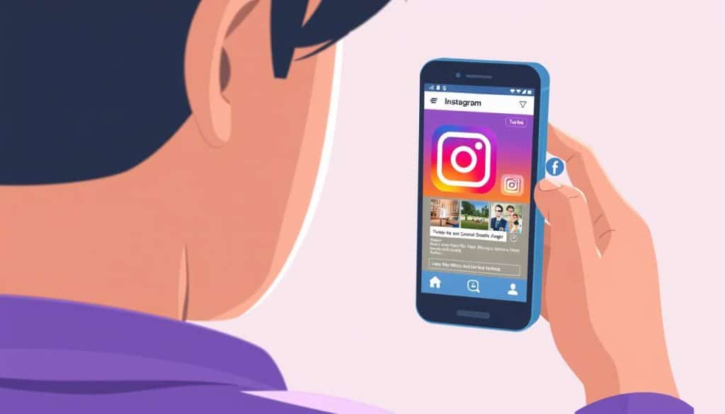 An image of a person using Facebook and Instagram on their mobile device, with advertisements displayed on the screens.
