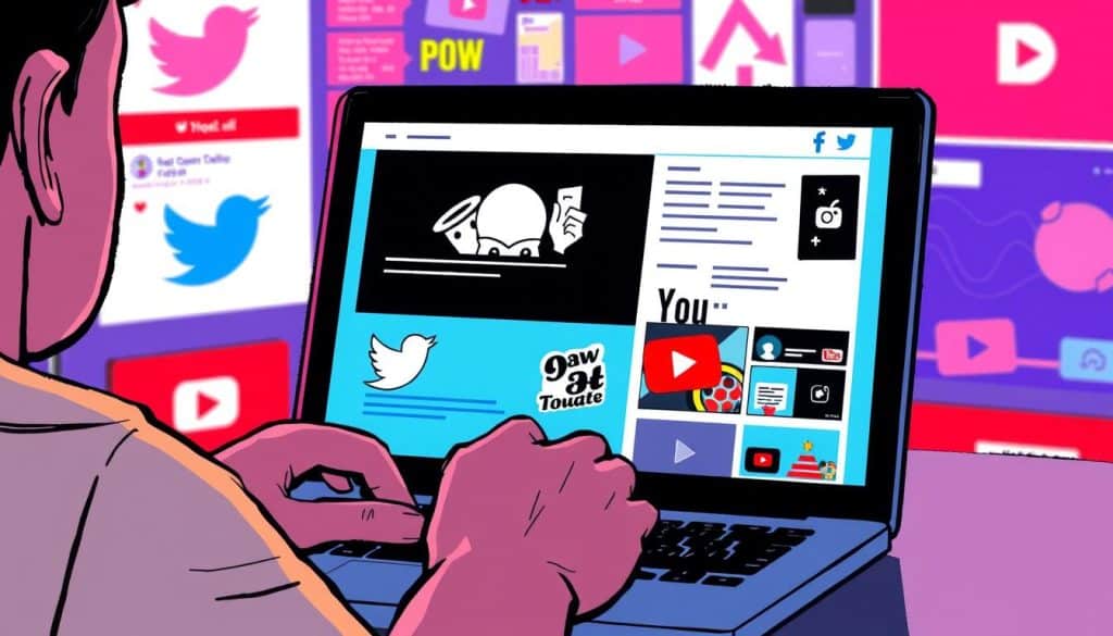 An image of a person using Twitter and YouTube on their laptop, with advertisements displayed.