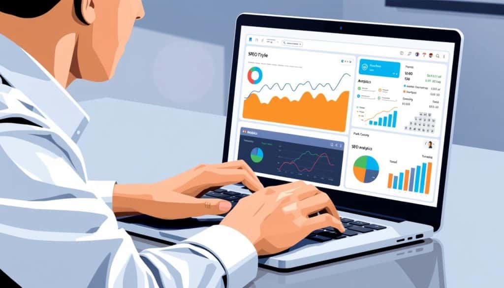 An image of a person using a laptop with SEO tools on the screen