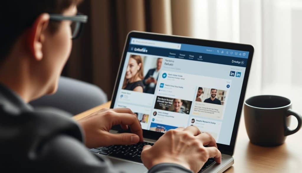 An image of a professional using LinkedIn on their laptop, with sponsored content displayed.