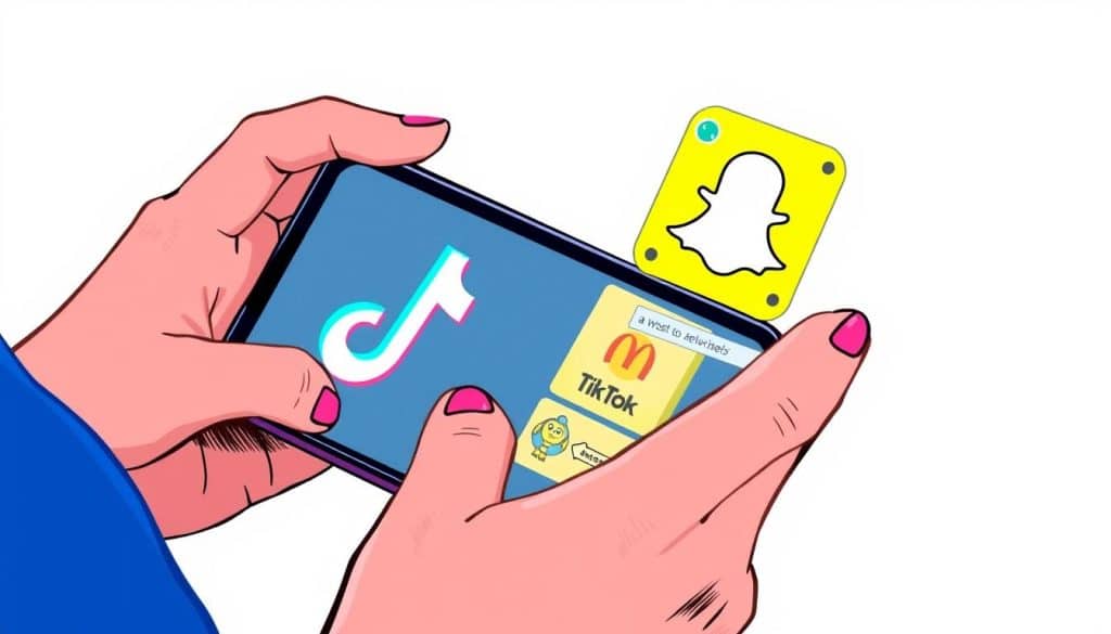 An image of a young person using TikTok and Snapchat on their mobile device, with advertisements displayed.