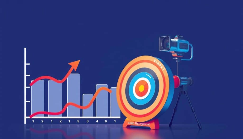 An image representing video marketing goals, such as a graph showing increased engagement or a target with a video camera pointing towards it.