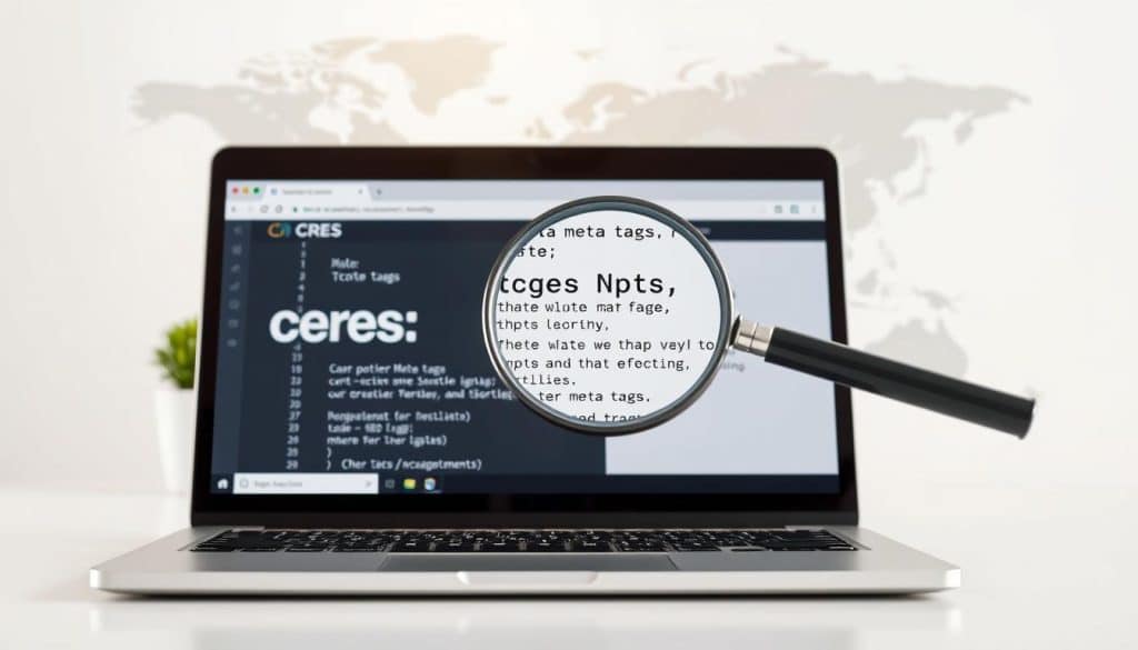An intricate, high-resolution image of meta tags representation for SEO, featuring a clean, minimalist design. In the foreground, a sleek laptop displays a web browser window showcasing the CRES brand's meta tag structure. The middle ground shows a magnifying glass inspecting the meta tags, highlighting their importance in search engine optimization. The background depicts a clean, neutral workspace with a stylized world map, emphasizing the global reach and impact of effective SEO meta tags. The lighting is soft and natural, creating a professional, informative atmosphere. The composition is balanced and visually appealing, drawing the viewer's attention to the core elements of meta tags and their SEO significance.