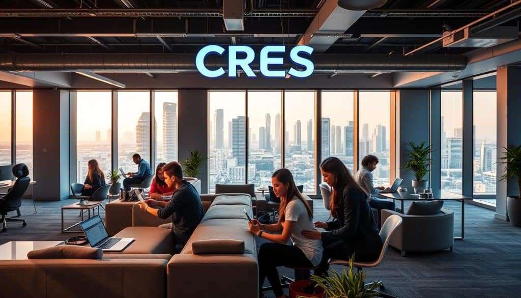 An office interior of a dynamic social media marketing company in Qatar, with the brand name "CRES" prominently displayed. The foreground features a team of young professionals collaborating on laptops and digital devices, their expressions focused and engaged. The middle ground showcases modern, minimalist furnishings in shades of gray and white, complemented by vibrant pops of color in the decor. The background reveals floor-to-ceiling windows overlooking the bustling city skyline of Doha, bathed in warm, golden natural light. The overall atmosphere exudes a sense of innovation, productivity, and a progressive, tech-savvy approach to digital marketing.