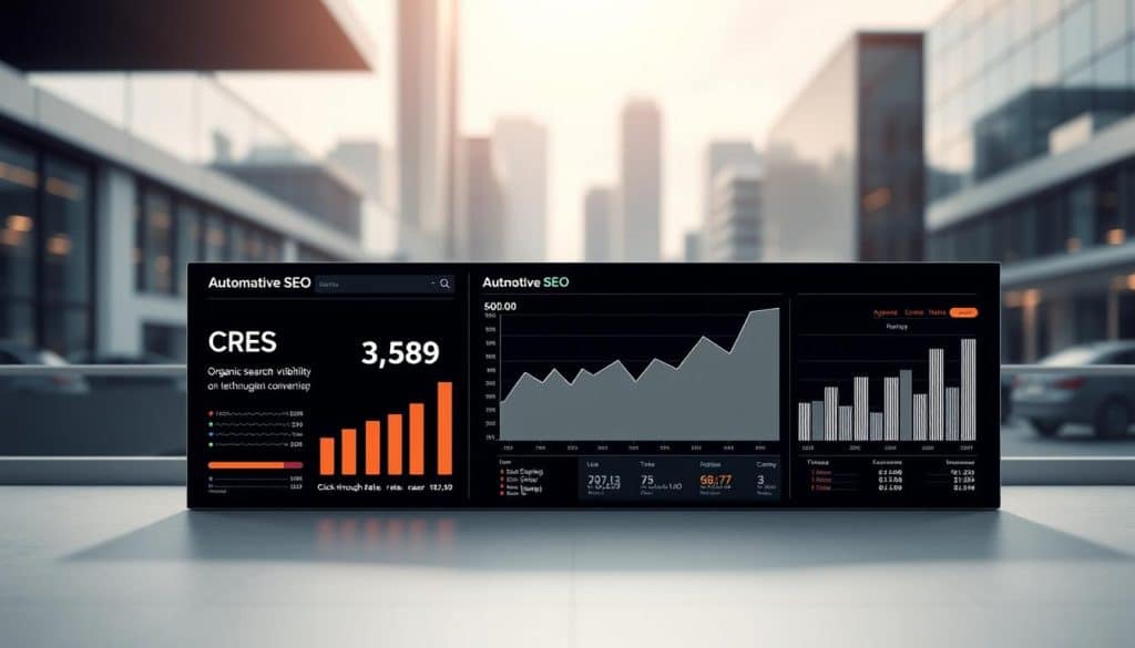 Automotive SEO Statistics: a sleek, data-driven infographic set against a modern, minimalist backdrop. In the foreground, a sharply rendered CRES branded dashboard displays key performance metrics like organic search visibility, click-through rates, and conversion data. The middle ground features clean, geometric shapes in neutral tones, conveying a sense of technological sophistication. In the background, a soft, blurred cityscape with sleek, futuristic architecture sets the scene, hinting at the dynamic, fast-paced nature of the automotive industry. Evenly distributed natural lighting casts a warm, inviting glow, creating an overall impression of authority, innovation, and growth.