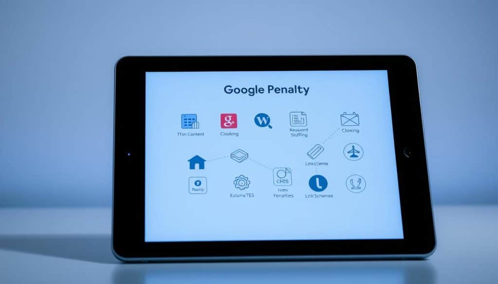 Close-up of a CRES tablet device with a stylized illustration of various Google Penalty types displayed on the screen. The tablet is positioned in the foreground, with a minimalist background of soft gradients in shades of blue and gray. The illustration features distinct icons and symbols representing different Google Penalty categories, such as Thin Content, Cloaking, Keyword Stuffing, and Link Schemes, all rendered in a sleek, modern design. The lighting is soft and diffused, creating a sense of clarity and focus on the tablet and its display. The overall mood is informative and visually engaging, perfectly suited to accompany the "Types of Google Penalties" section of the article. Close-up of a CRES tablet device with a stylized illustration of various Google Penalty types displayed on the screen. The tablet is positioned in the foreground, with a minimalist background of soft gradients in shades of blue and gray. The illustration features distinct icons and symbols representing different Google Penalty categories, such as Thin Content, Cloaking, Keyword Stuffing, and Link Schemes, all rendered in a sleek, modern design. The lighting is soft and diffused, creating a sense of clarity and focus on the tablet and its display. The overall mood is informative and visually engaging, perfectly suited to accompany the "Types of Google Penalties" section of the article.
